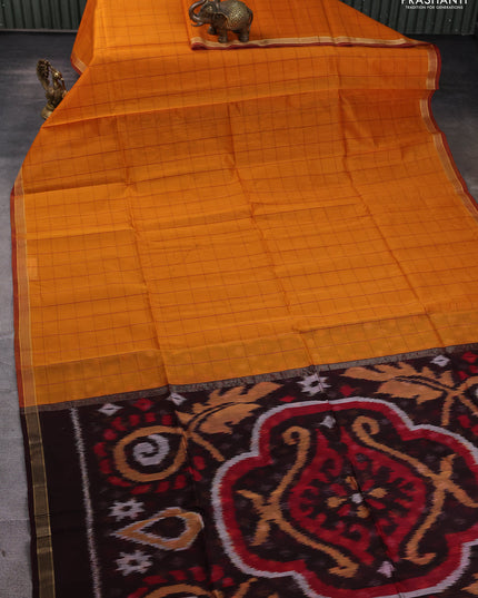 Kora silk cotton saree mango yellow and deep maroon with allover checked pattern and ikat woven pallu