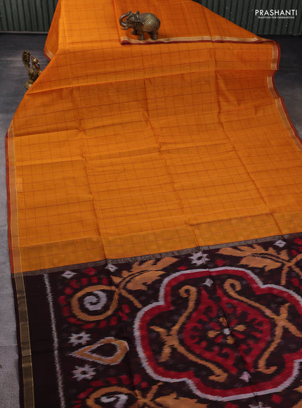 Kora silk cotton saree mango yellow and deep maroon with allover checked pattern and ikat woven pallu