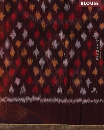 Kora silk cotton saree mango yellow and deep maroon with allover checked pattern and ikat woven pallu
