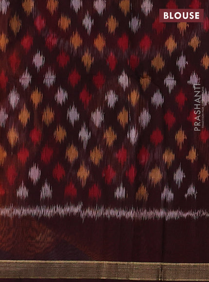 Kora silk cotton saree mango yellow and deep maroon with allover checked pattern and ikat woven pallu