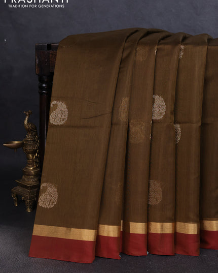 Kora silk cotton saree mehendi green and maroon with zari woven buttas and zari woven simple border