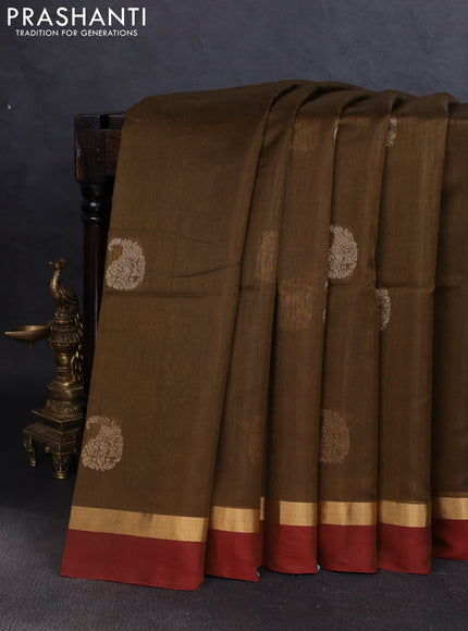 Kora silk cotton saree mehendi green and maroon with zari woven buttas and zari woven simple border