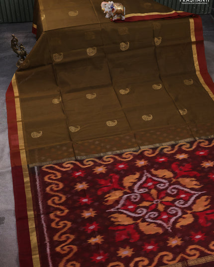 Kora silk cotton saree mehendi green and maroon with zari woven buttas and zari woven simple border