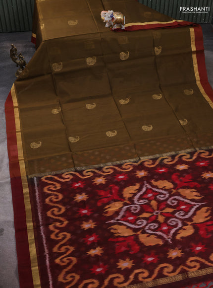 Kora silk cotton saree mehendi green and maroon with zari woven buttas and zari woven simple border
