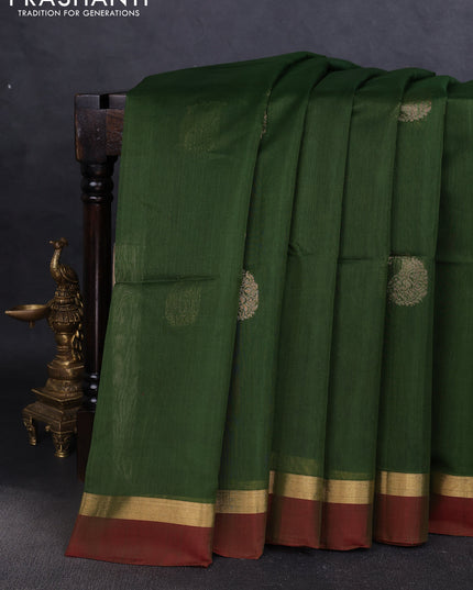 Kora silk cotton saree green and maroon with zari woven buttas and zari woven simple border