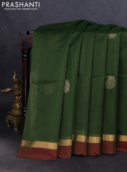 Kora silk cotton saree green and maroon with zari woven buttas and zari woven simple border