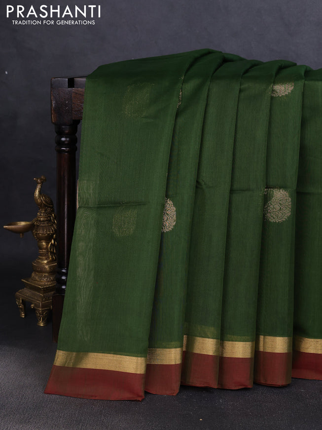 Kora silk cotton saree green and maroon with zari woven buttas and zari woven simple border