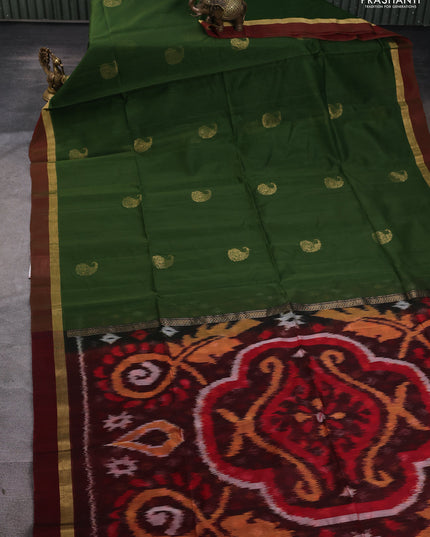 Kora silk cotton saree green and maroon with zari woven buttas and zari woven simple border