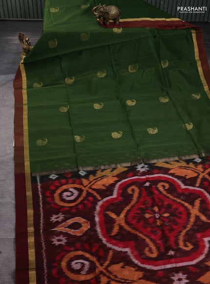 Kora silk cotton saree green and maroon with zari woven buttas and zari woven simple border