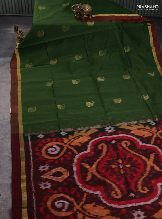 Kora silk cotton saree green and maroon with zari woven buttas and zari woven simple border