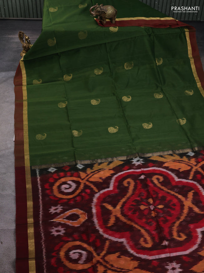 Kora silk cotton saree green and maroon with zari woven buttas and zari woven simple border