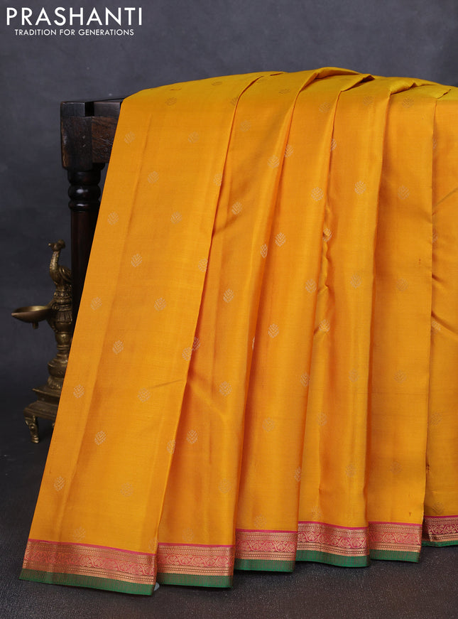 Pure kanchipuram silk saree yellow and dual tone pink with zari woven buttas and zari woven border
