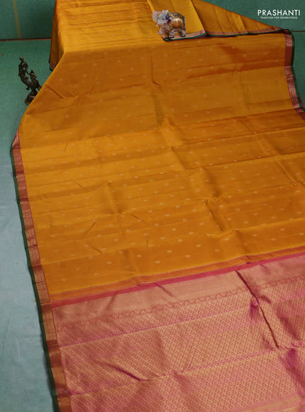 Pure kanchipuram silk saree yellow and dual tone pink with zari woven buttas and zari woven border