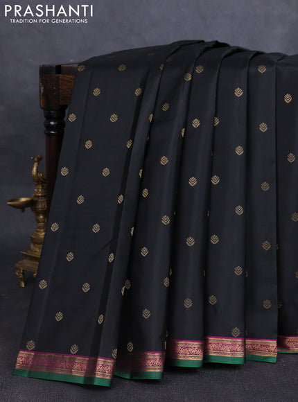 Pure kanchipuram silk saree black and purple with zari woven buttas and zari woven border