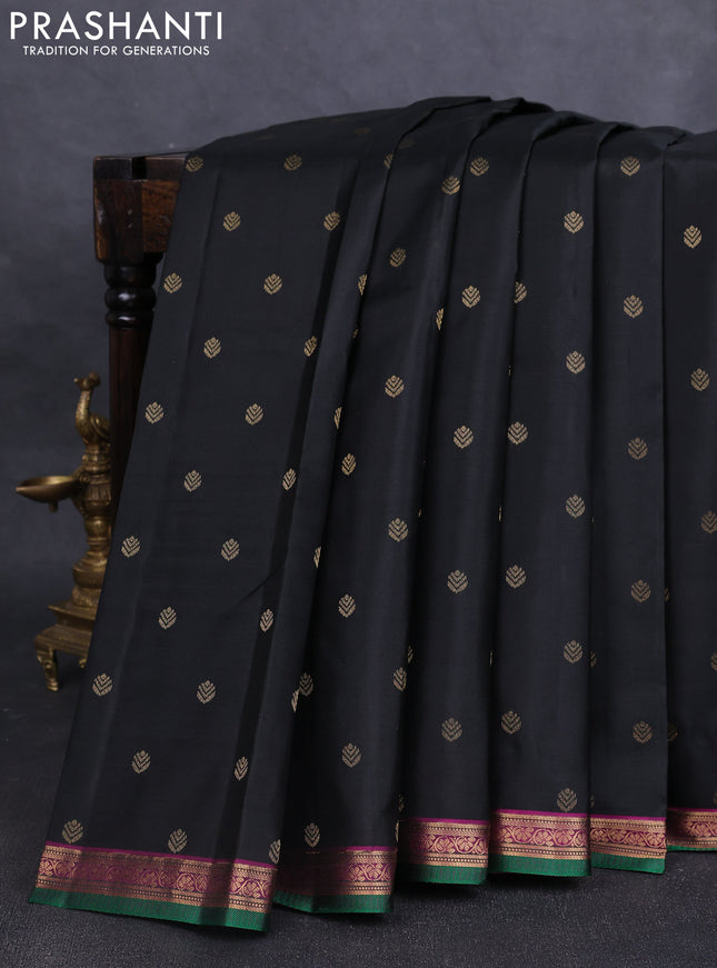 Pure kanchipuram silk saree black and purple with zari woven buttas and zari woven border