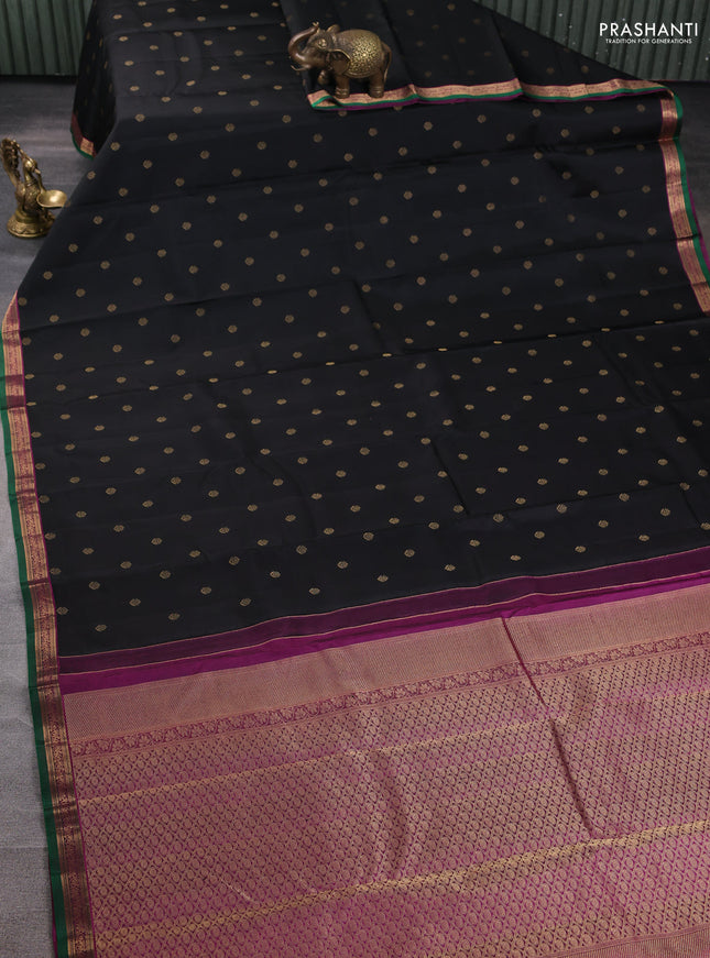 Pure kanchipuram silk saree black and purple with zari woven buttas and zari woven border