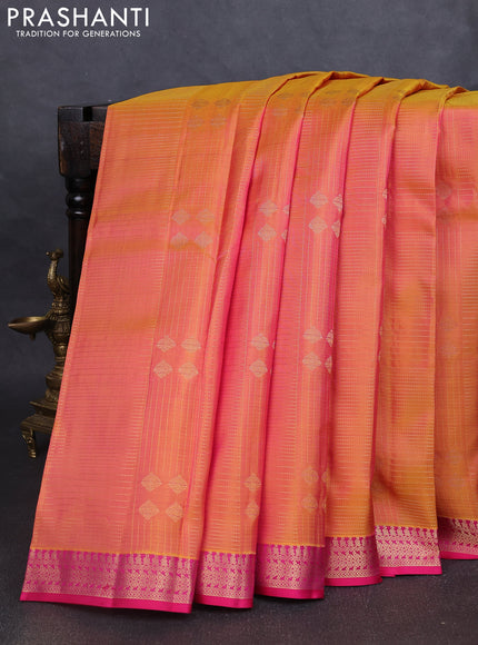 Pure kanchipuram silk saree dual tone yellowish pink and pink with allover zari weaves and rich zari woven border
