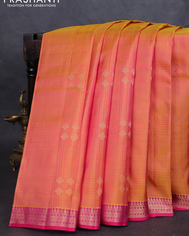 Pure kanchipuram silk saree dual tone yellowish pink and pink with allover zari weaves and rich zari woven border