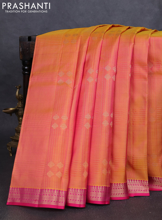 Pure kanchipuram silk saree dual tone yellowish pink and pink with allover zari weaves and rich zari woven border