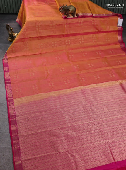 Pure kanchipuram silk saree dual tone yellowish pink and pink with allover zari weaves and rich zari woven border