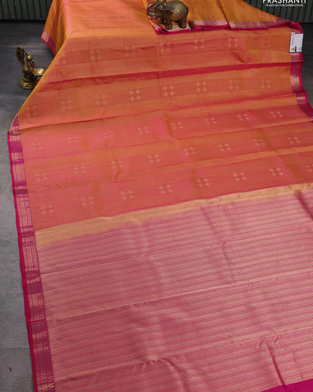 Pure kanchipuram silk saree dual tone yellowish pink and pink with allover zari weaves and rich zari woven border