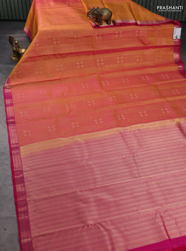 Pure kanchipuram silk saree dual tone yellowish pink and pink with allover zari weaves and rich zari woven border