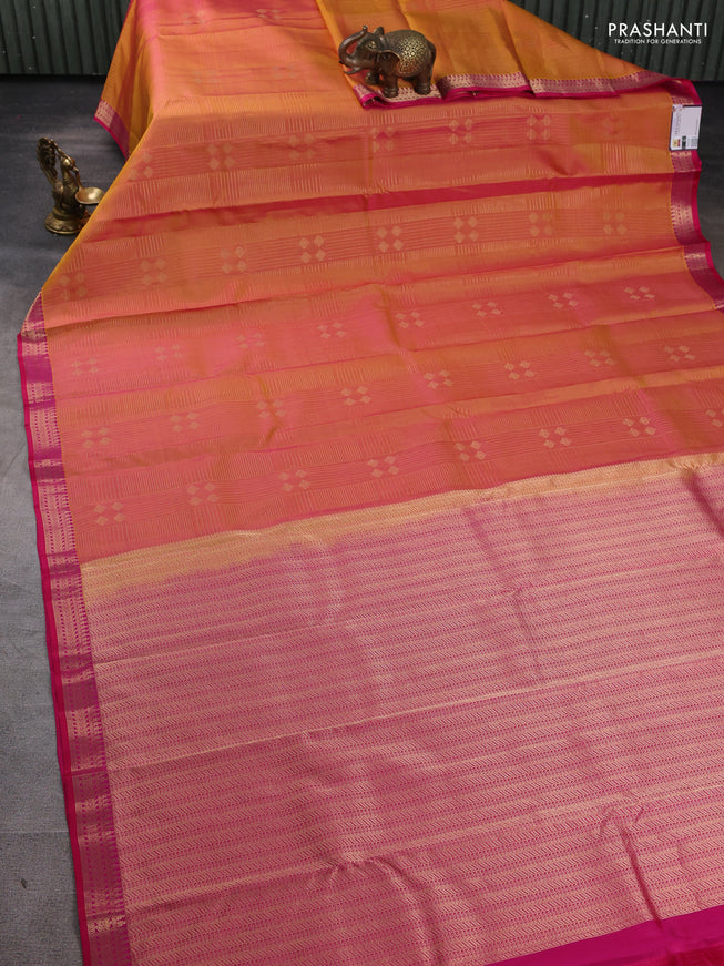Pure kanchipuram silk saree dual tone yellowish pink and pink with allover zari weaves and rich zari woven border