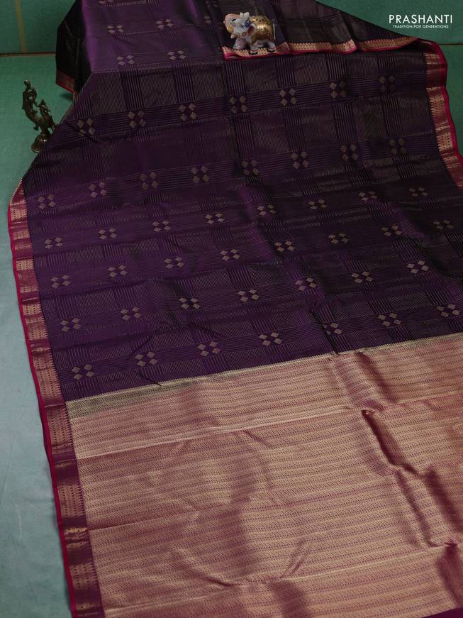 Pure kanchipuram silk saree jamun shade and pink with allover zari weaves and rich zari woven border