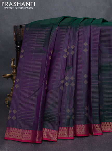 Pure kanchipuram silk saree dual shade of greenish purple and pink with allover zari weaves and rich zari woven border