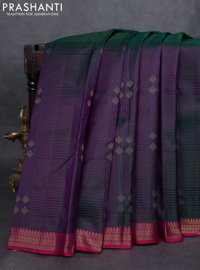 Pure kanchipuram silk saree dual shade of greenish purple and pink with allover zari weaves and rich zari woven border