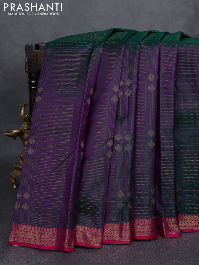 Pure kanchipuram silk saree dual shade of greenish purple and pink with allover zari weaves and rich zari woven border