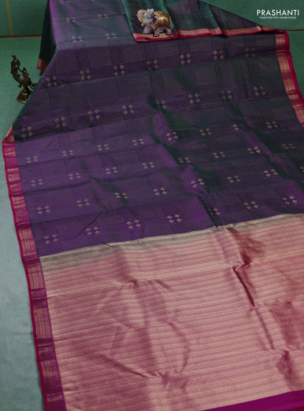 Pure kanchipuram silk saree dual shade of greenish purple and pink with allover zari weaves and rich zari woven border