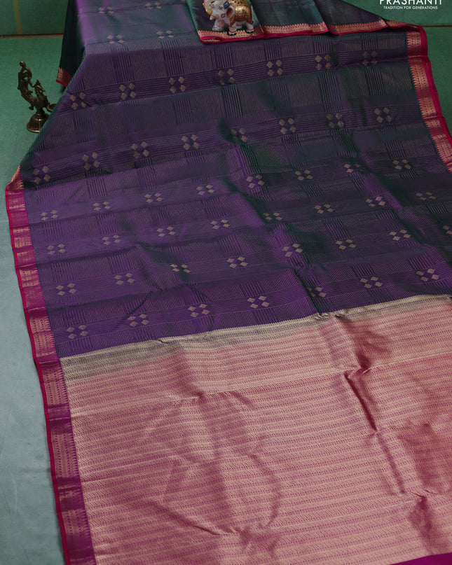 Pure kanchipuram silk saree dual shade of greenish purple and pink with allover zari weaves and rich zari woven border