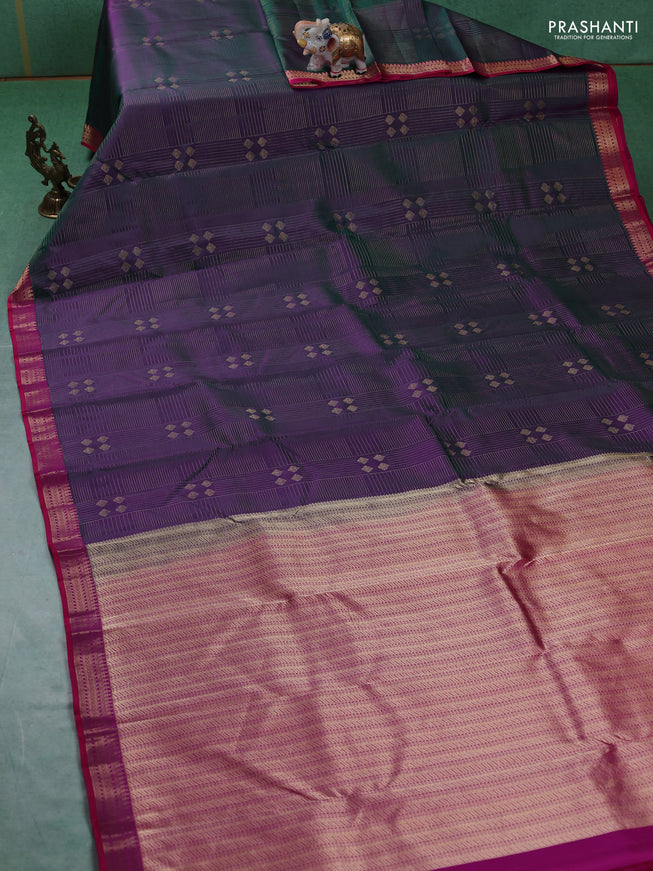 Pure kanchipuram silk saree dual shade of greenish purple and pink with allover zari weaves and rich zari woven border