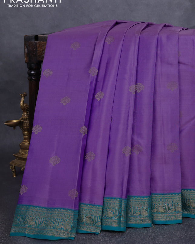 Pure kanchipuram silk saree lavender and teal green with zari woven buttas and rich zari woven border