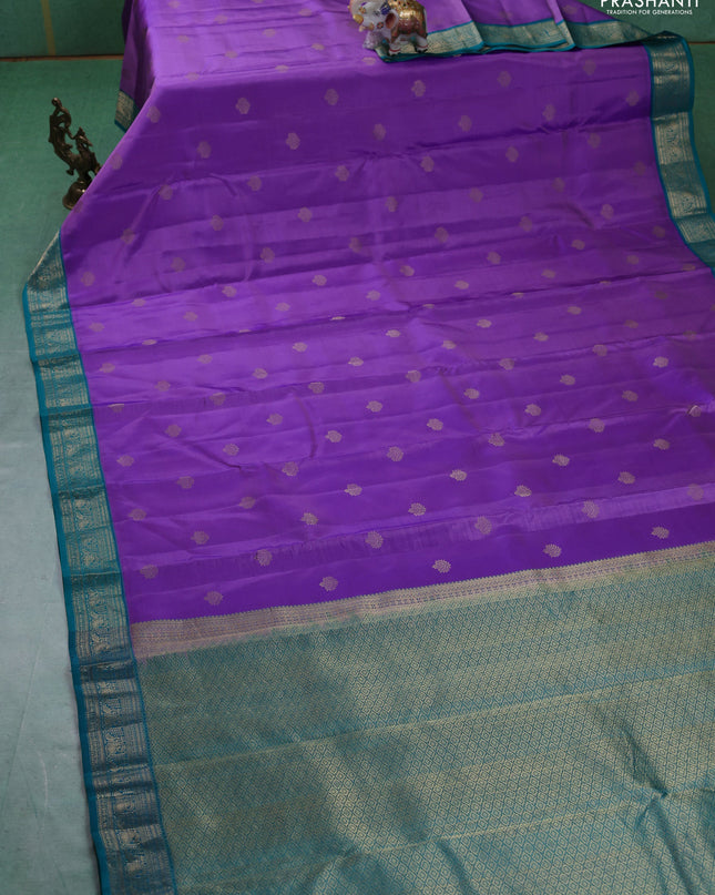 Pure kanchipuram silk saree lavender and teal green with zari woven buttas and rich zari woven border