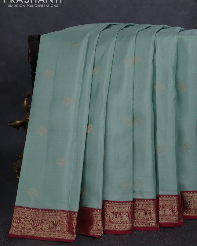 Pure kanchipuram silk saree pastel green and maroon with zari woven buttas and rich zari woven border