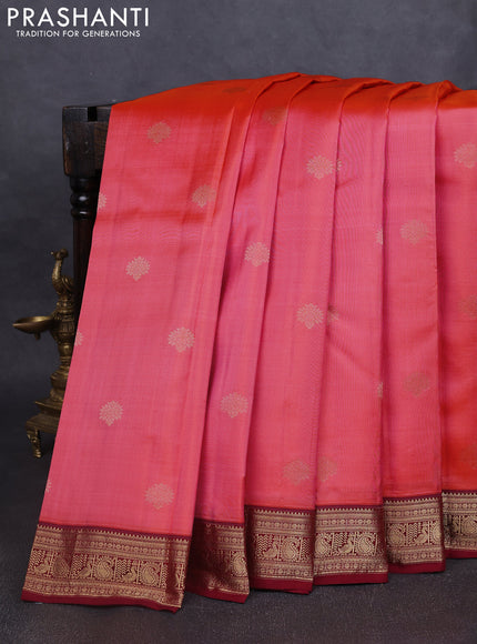 Pure kanchipuram silk saree peach pink and maroon with zari woven buttas and rich zari woven border