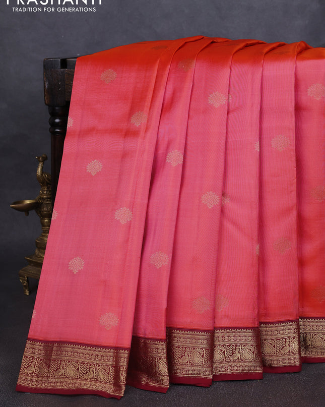 Pure kanchipuram silk saree peach pink and maroon with zari woven buttas and rich zari woven border