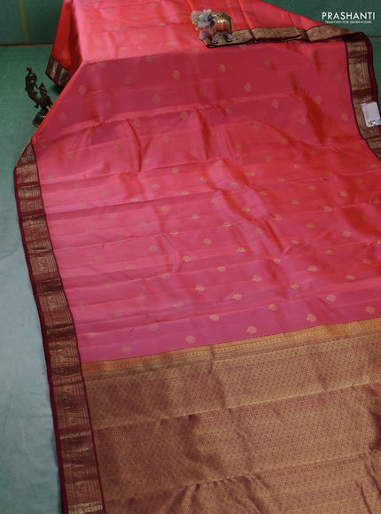 Pure kanchipuram silk saree peach pink and maroon with zari woven buttas and rich zari woven border