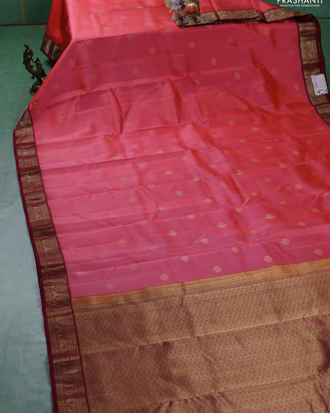 Pure kanchipuram silk saree peach pink and maroon with zari woven buttas and rich zari woven border