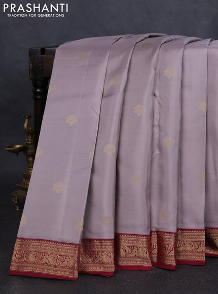 Pure kanchipuram silk saree pastel grey and maroon with zari woven buttas and rich zari woven border