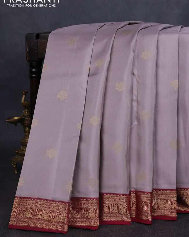 Pure kanchipuram silk saree pastel grey and maroon with zari woven buttas and rich zari woven border