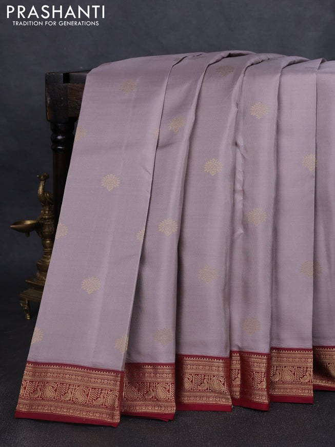 Pure kanchipuram silk saree pastel grey and maroon with zari woven buttas and rich zari woven border