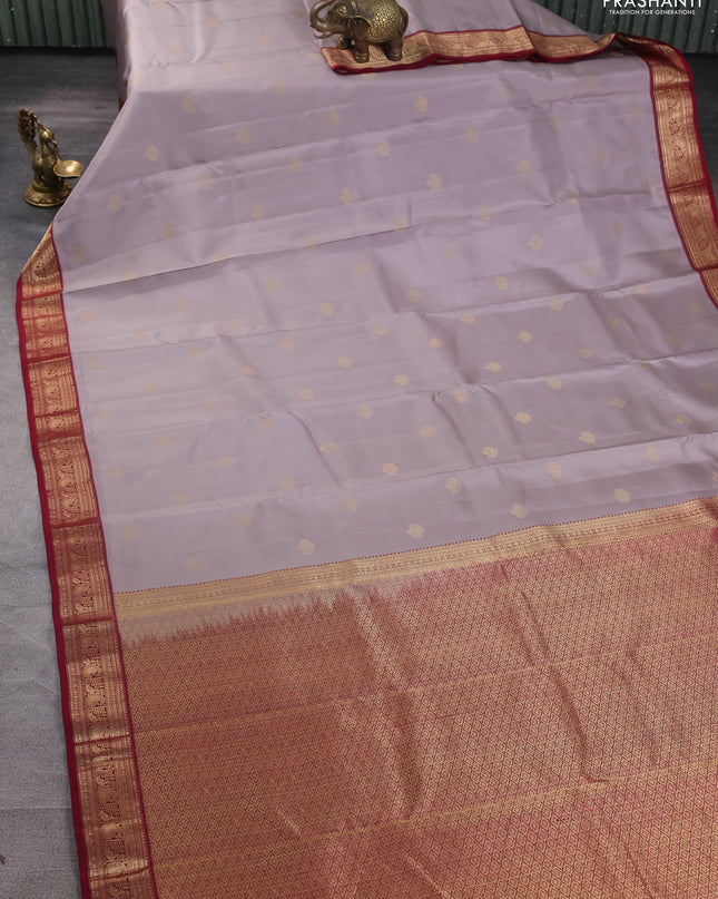 Pure kanchipuram silk saree pastel grey and maroon with zari woven buttas and rich zari woven border