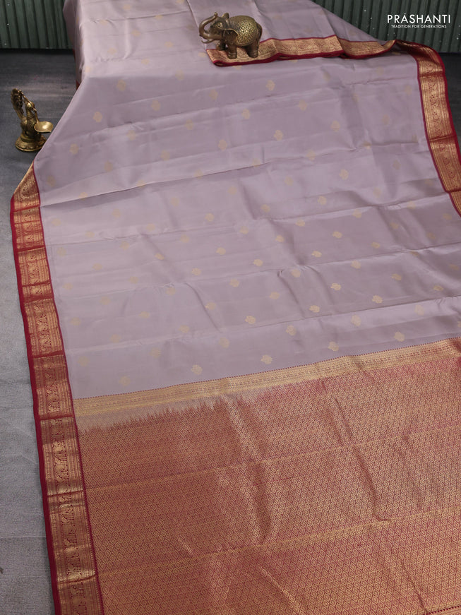 Pure kanchipuram silk saree pastel grey and maroon with zari woven buttas and rich zari woven border
