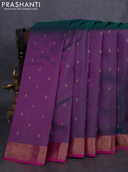Pure kanchipuram silk saree dual tone greenish purple and pink with allover zari woven buttas and zari woven annam border