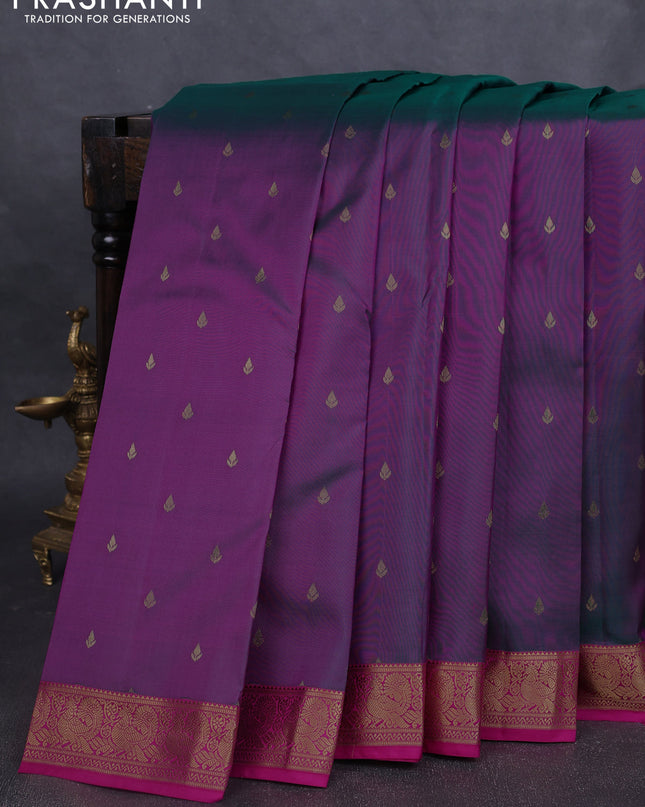Pure kanchipuram silk saree dual tone greenish purple and pink with allover zari woven buttas and zari woven annam border