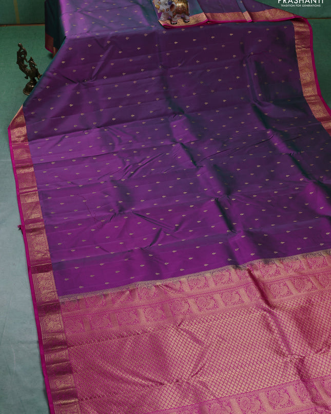 Pure kanchipuram silk saree dual tone greenish purple and pink with allover zari woven buttas and zari woven annam border