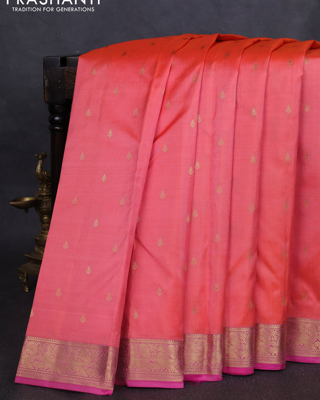 Pure kanchipuram silk saree peach shade and pink with allover zari woven buttas and zari woven annam border